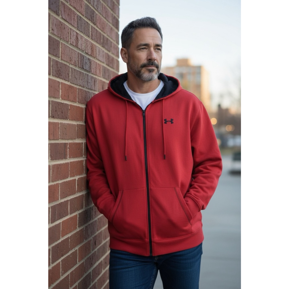 Under Armour Men’s Red Full Zip Hoodie – Size Large, Black Logo & Lining